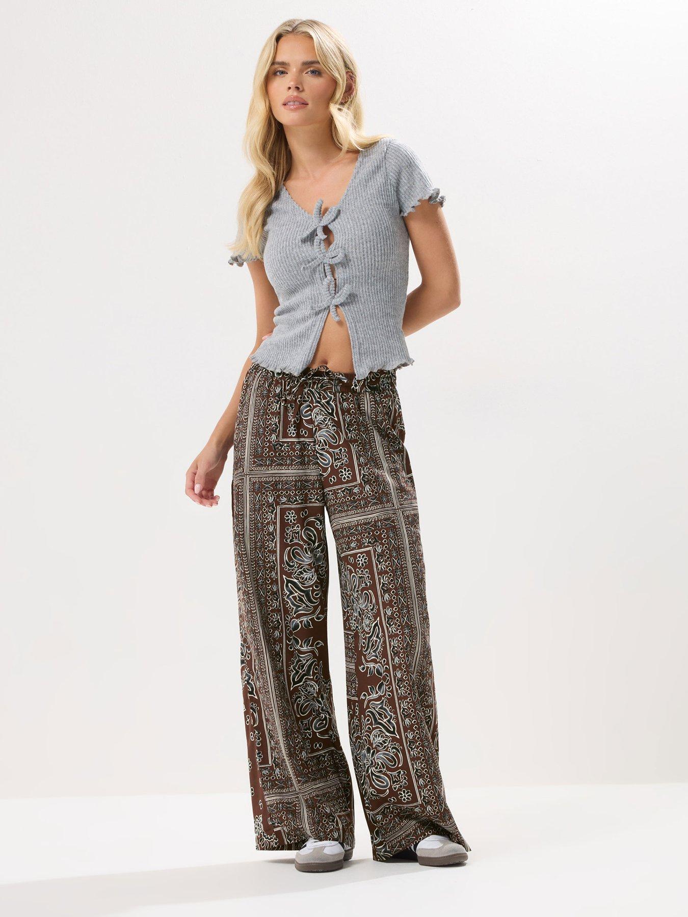 Image 3 of 4 of PixieGirl Petite Paisley Wide Leg Trousers - Brown