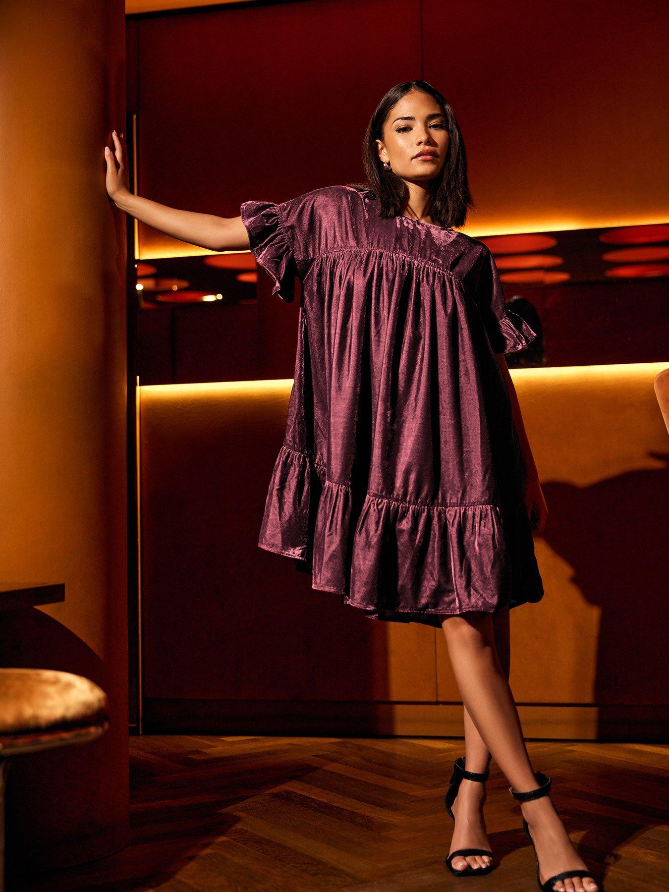 PixieGirl Petite Velvet Frill Smock Dress - Red