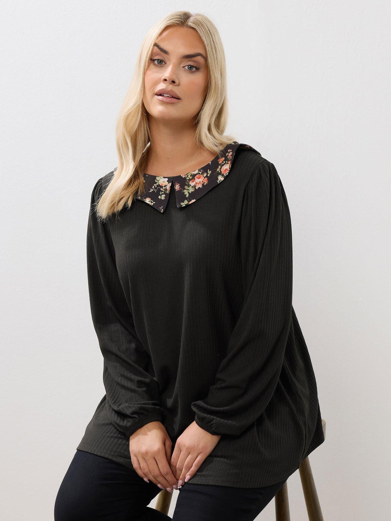yours-curve-collar-rib-balloon-sleeve-top-blackfront