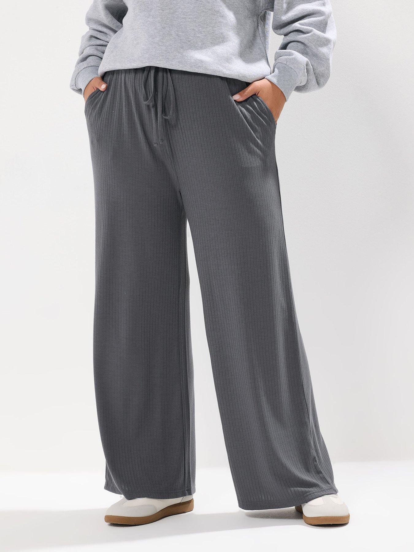 Yours Curve Wide Leg Ribbed Pull On Trouser - Grey