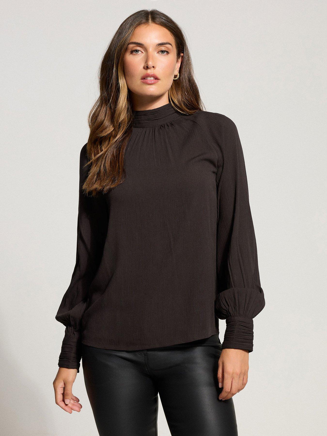 long-tall-sally-high-neck-crinkle-blouse-brown