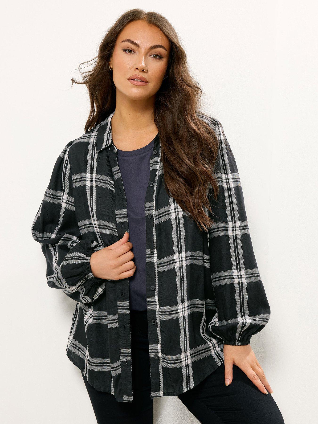 Yours Curve Balloon Sleeve Check Blouse - Black