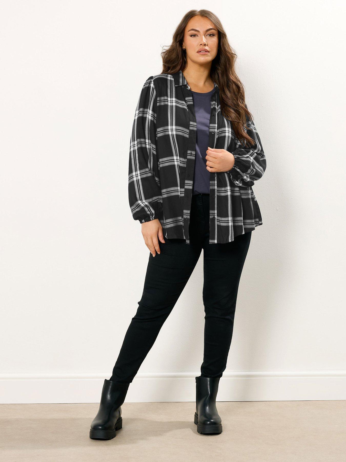 yours-curve-balloon-sleeve-check-blouse-blackback