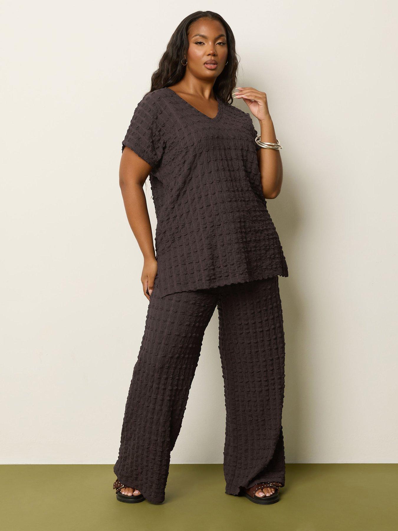 yours-curve-wide-leg-bubble-texture-trouser-brownback