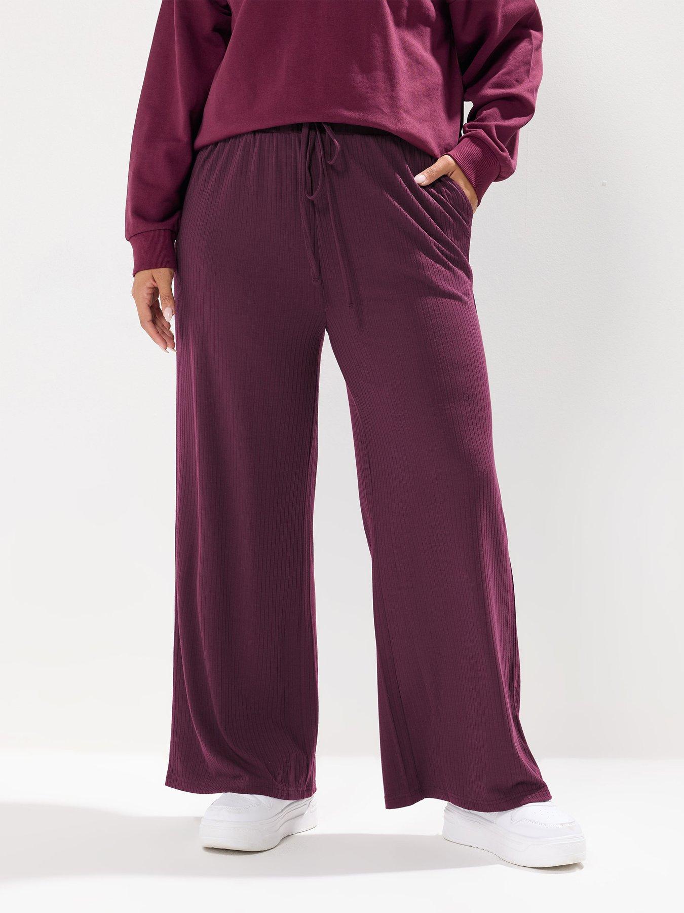 Yours Curve Wide Leg Ribbed Pull On Trouser - Red