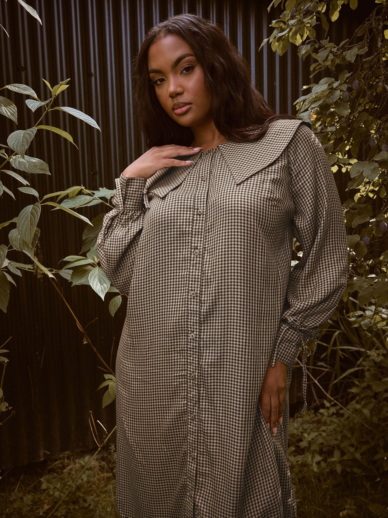 Yours Curve Check Collar Smock Mini Dress - Natural