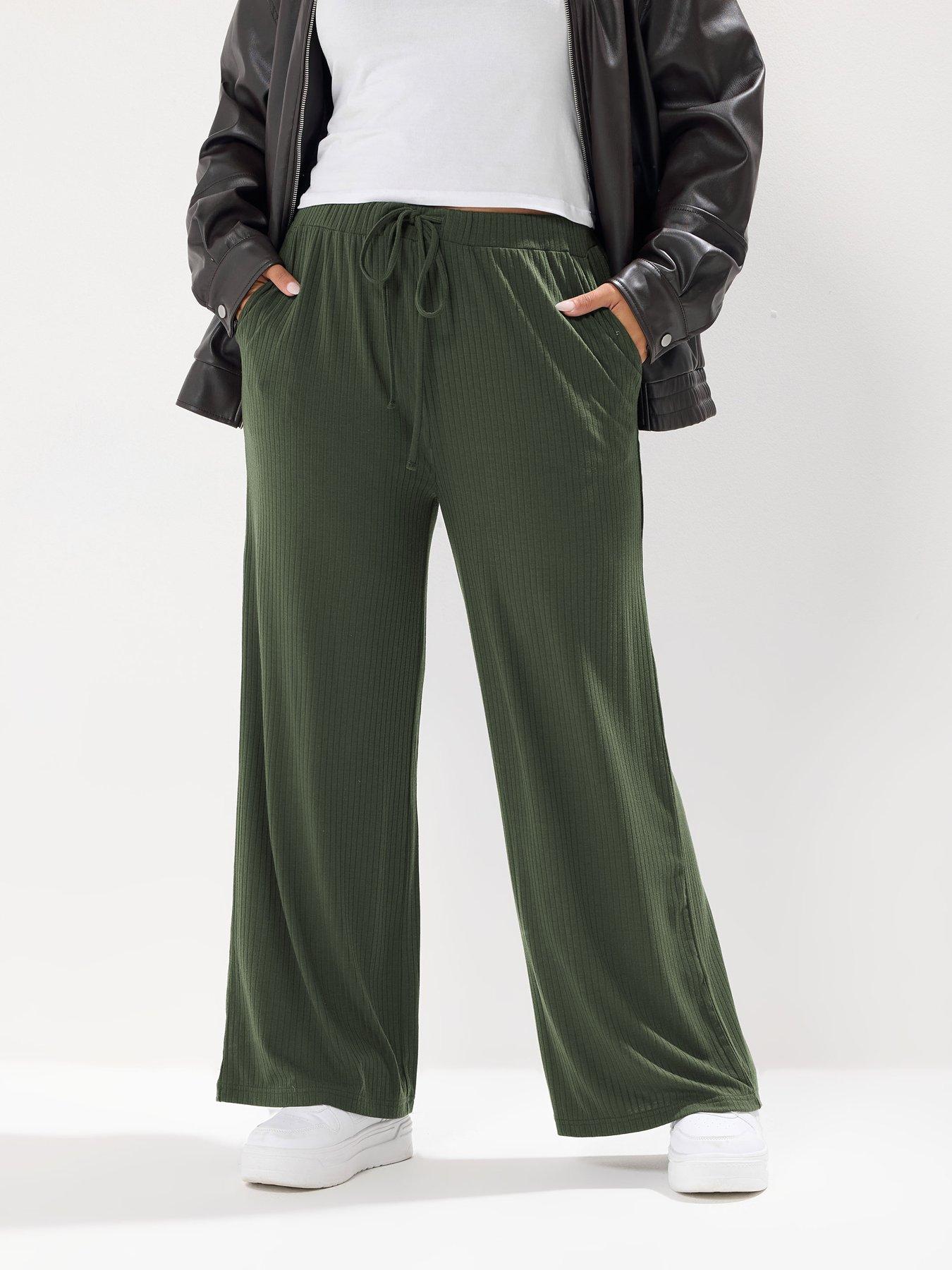 Yours Curve Wide Leg Ribbed Pull On Trouser - Green