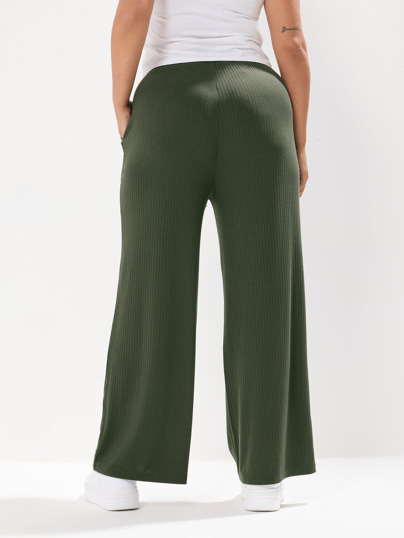 Image 2 of 4 of Yours Curve Wide Leg Ribbed Pull On Trouser - Green