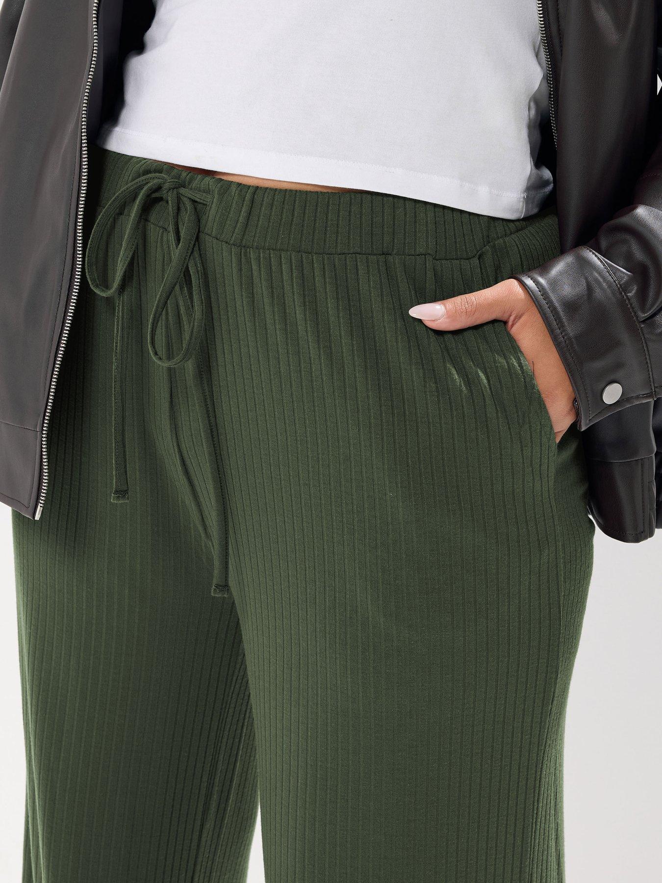 Image 4 of 4 of Yours Curve Wide Leg Ribbed Pull On Trouser - Green
