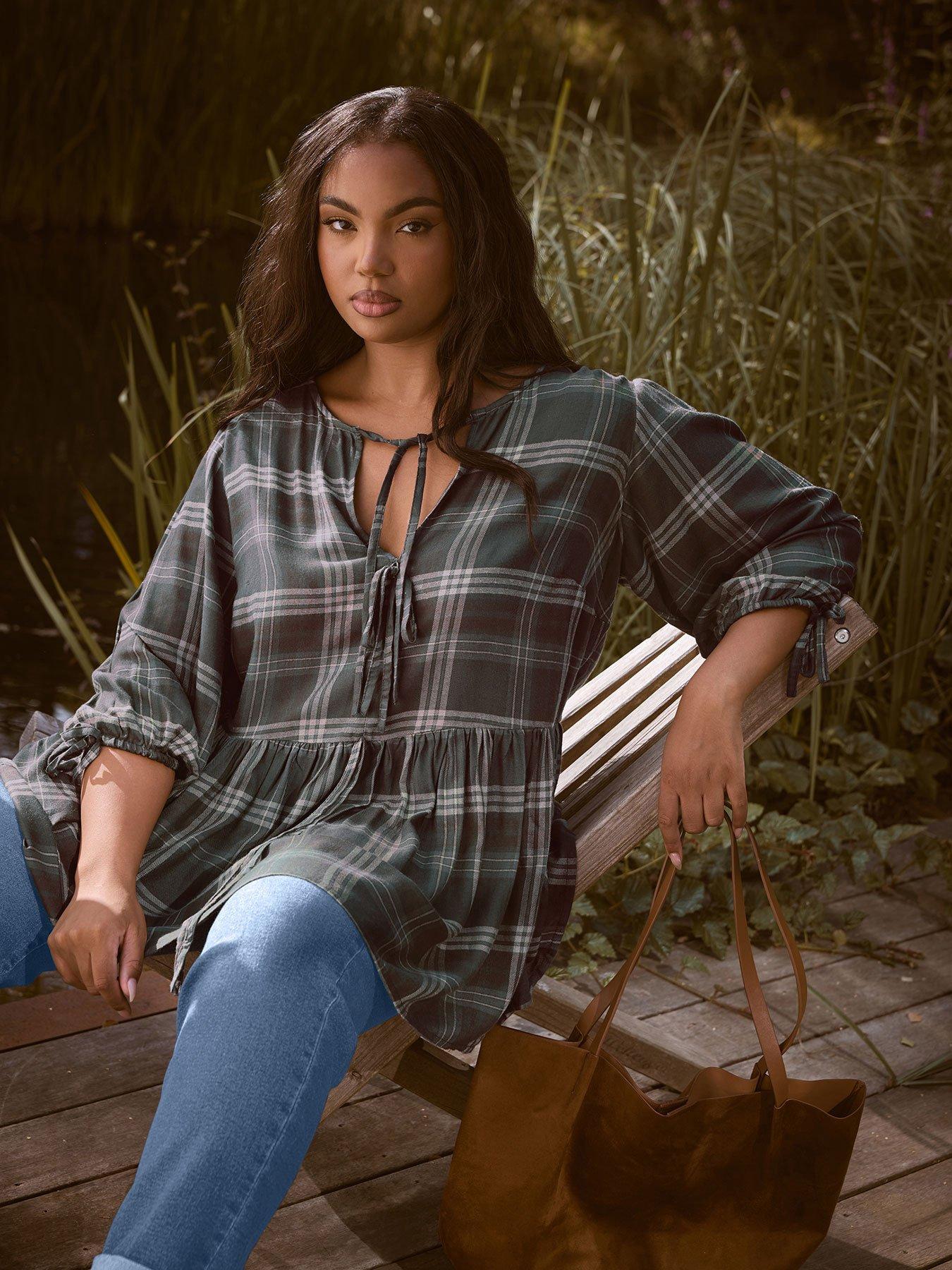Image 1 of 4 of Yours Curve Check Tie Front Peplum Top - Brown