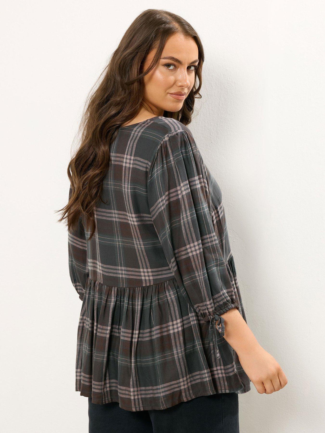 Image 2 of 4 of Yours Curve Check Tie Front Peplum Top - Brown