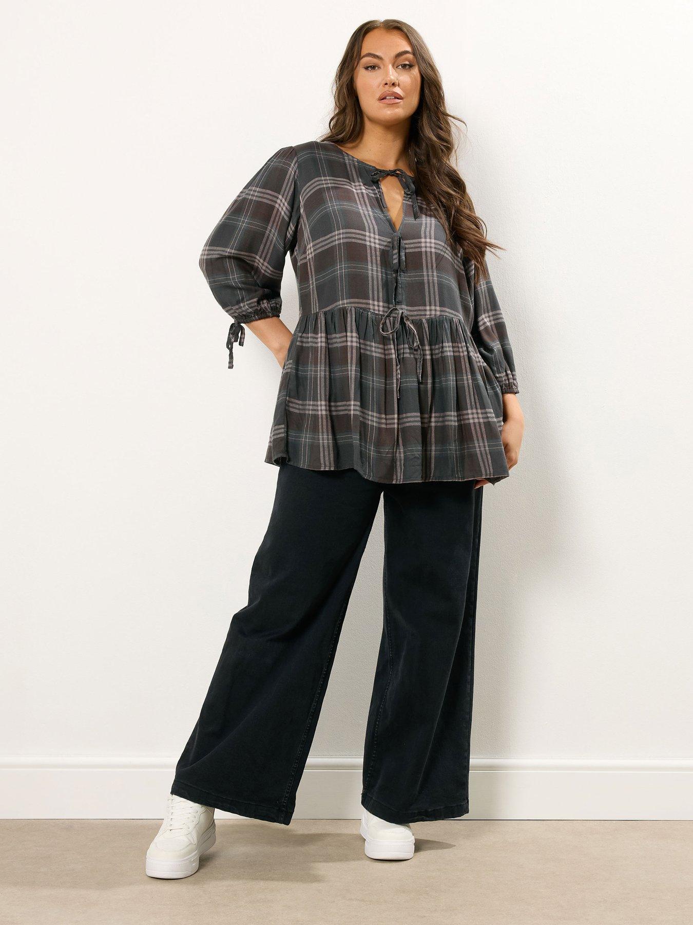 Image 3 of 4 of Yours Curve Check Tie Front Peplum Top - Brown