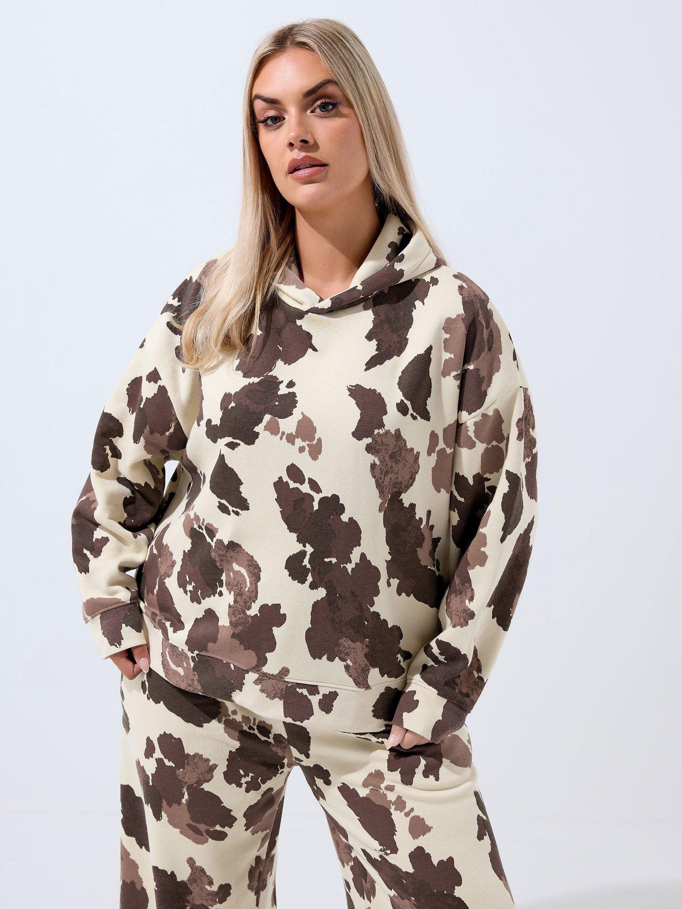 Yours Curve Cow Print Hoodie - Cream