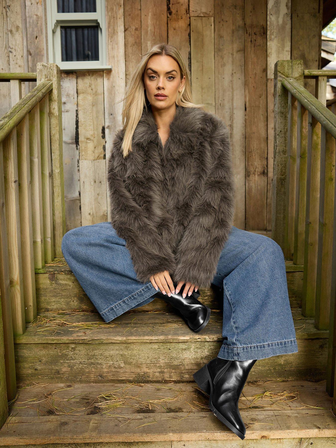 Yours Curve Faux Fur Collared Jacket - Brown