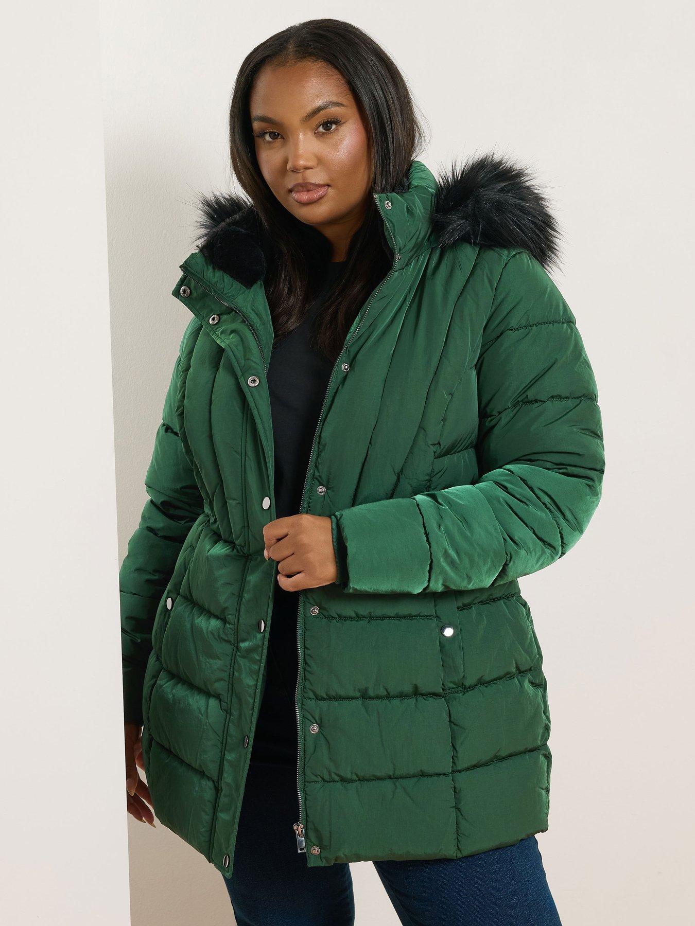 Yours Curve Short Padded Coat - Green