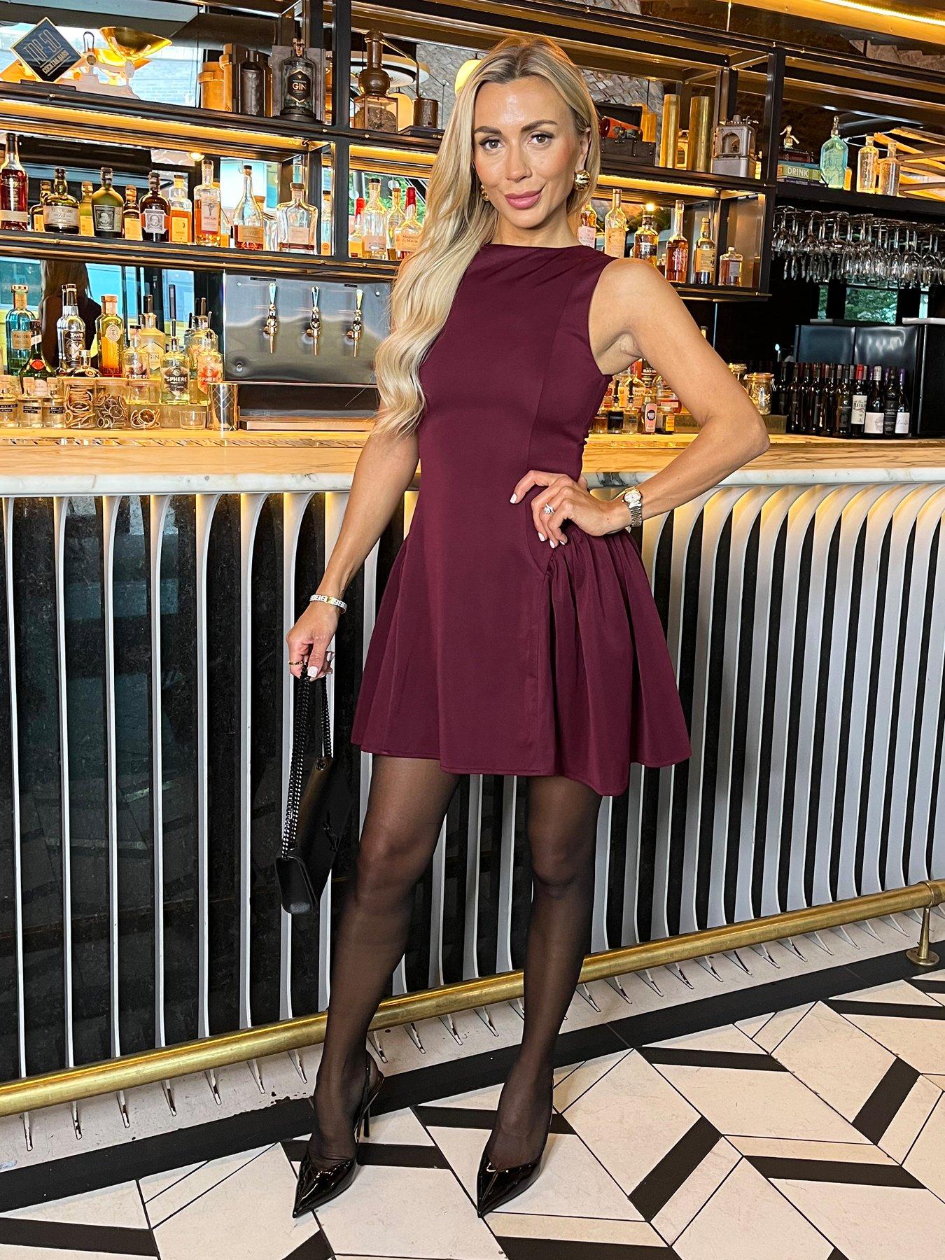 AX Paris Round Neck Pleated Hip Mini Dress - Plum