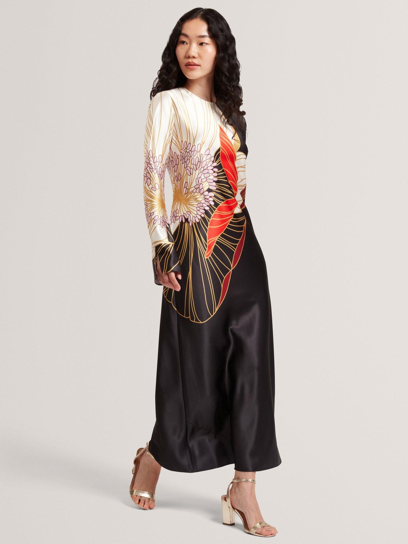 Image 1 of 6 of Ted Baker Print Long Sleeve Midi Dress - Black