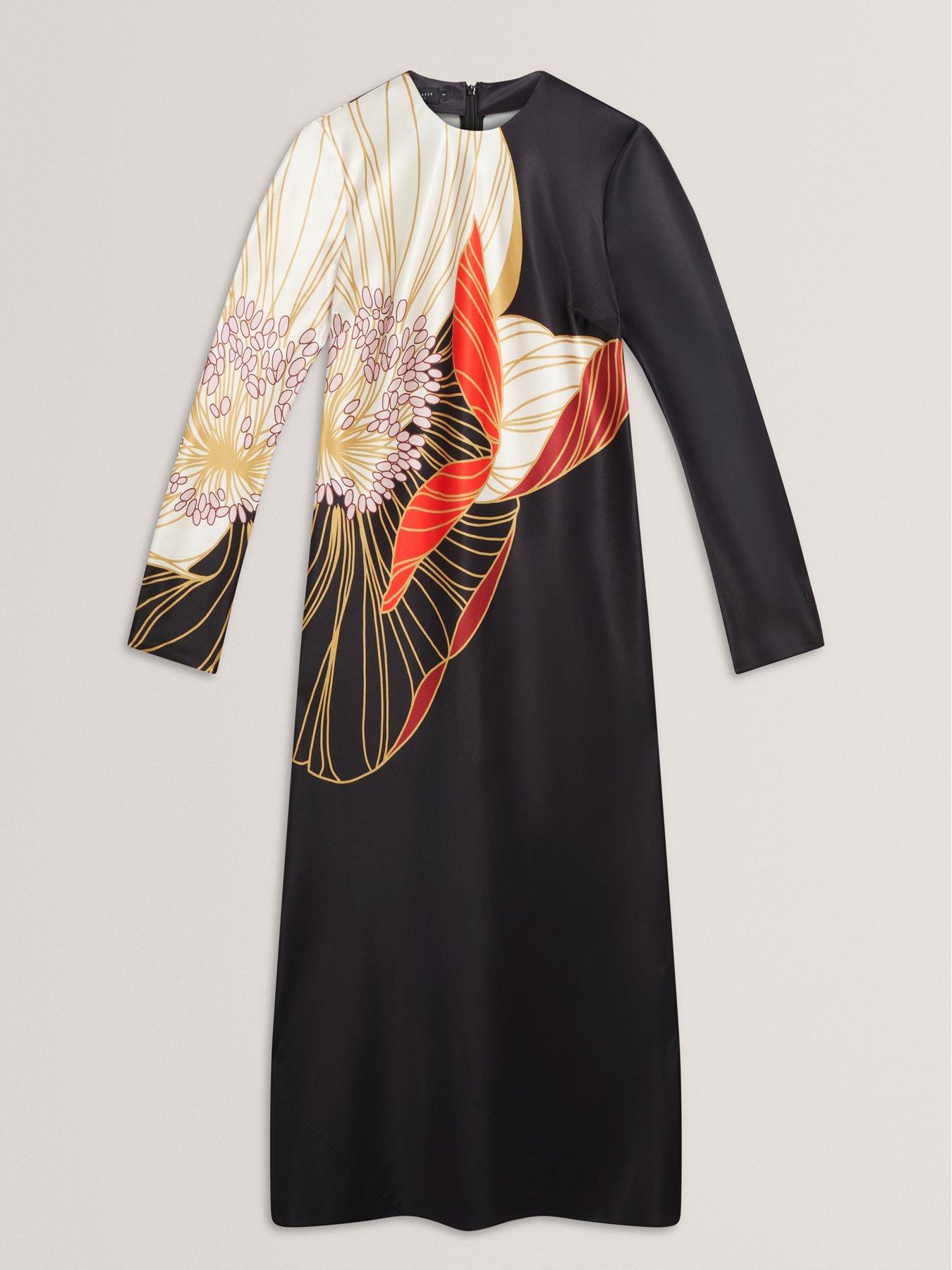 Image 6 of 6 of Ted Baker Print Long Sleeve Midi Dress - Black