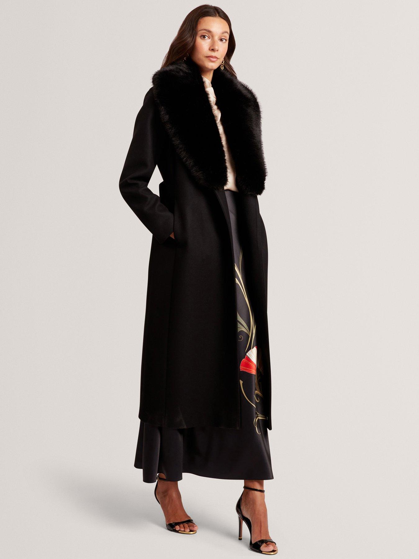Ted Baker Faux Fur Belted Long Coat - Black