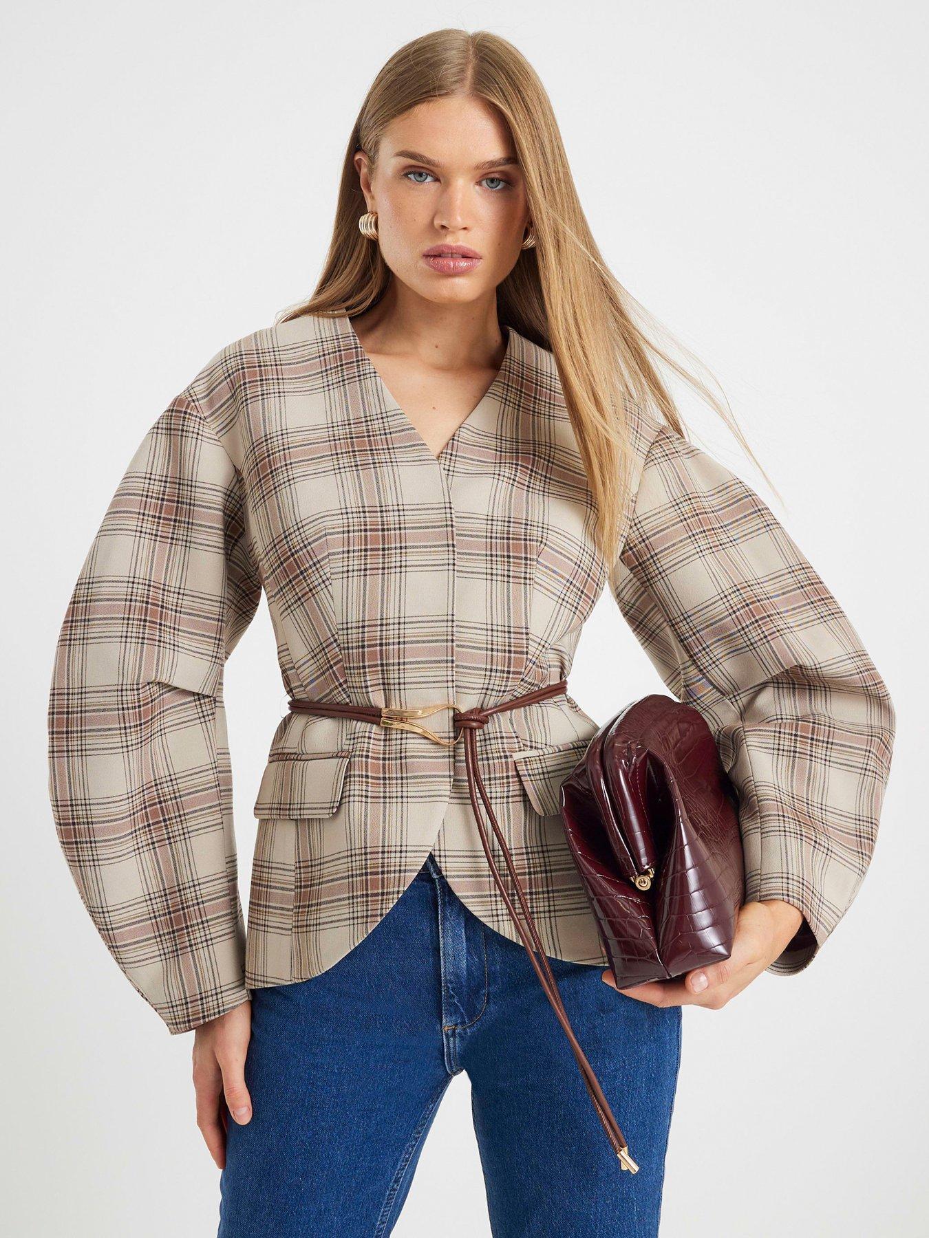 Image 1 of 4 of River Island Belted Check Cocoon Sleeve Blazer - Brown