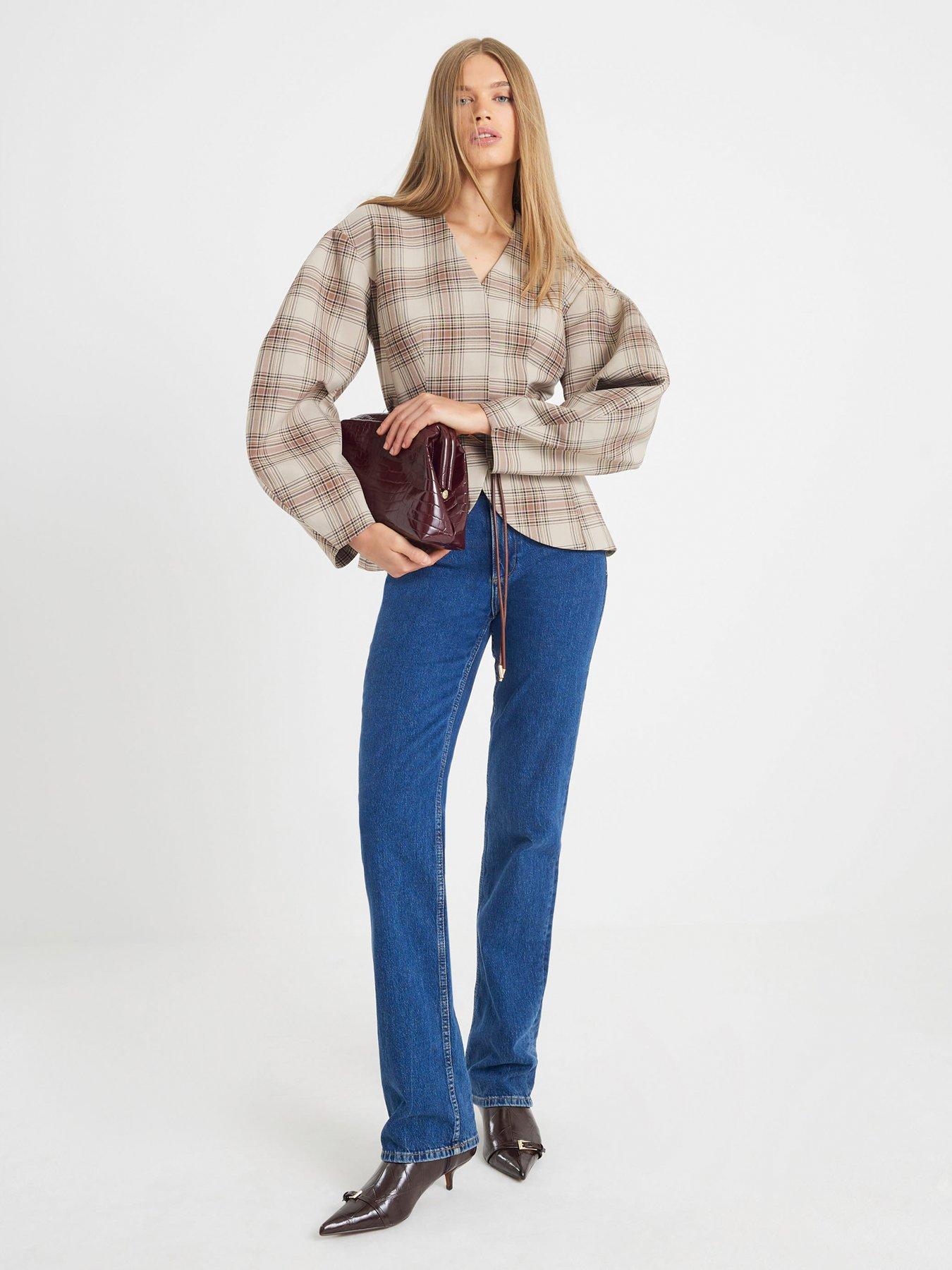 Image 2 of 4 of River Island Belted Check Cocoon Sleeve Blazer - Brown