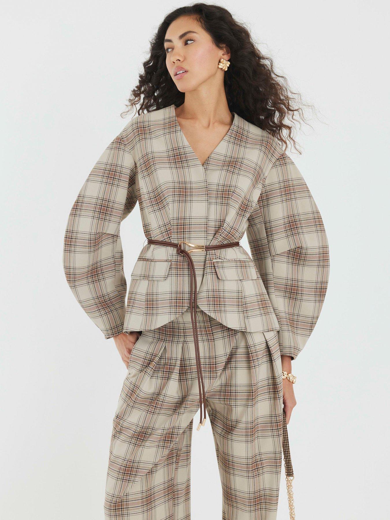 Image 3 of 4 of River Island Belted Check Cocoon Sleeve Blazer - Brown