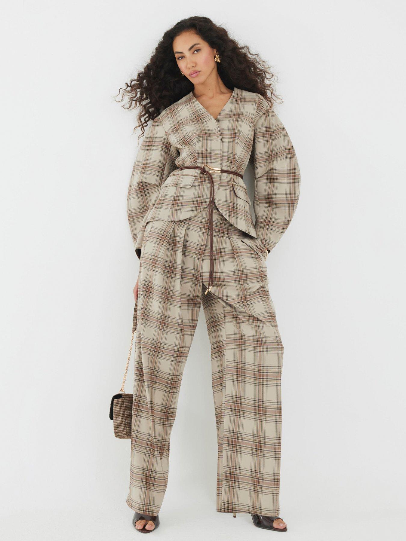 Image 4 of 4 of River Island Belted Check Cocoon Sleeve Blazer - Brown