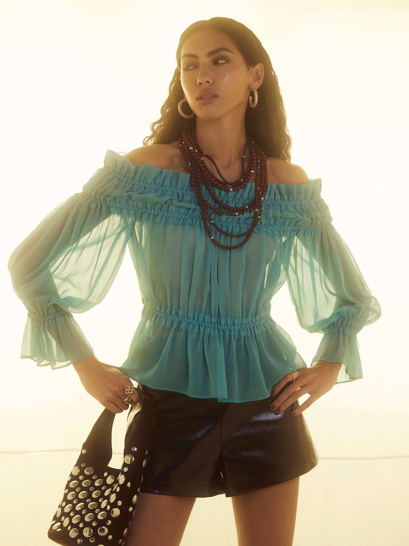 River Island Raw Edge Bardot Top - Blue