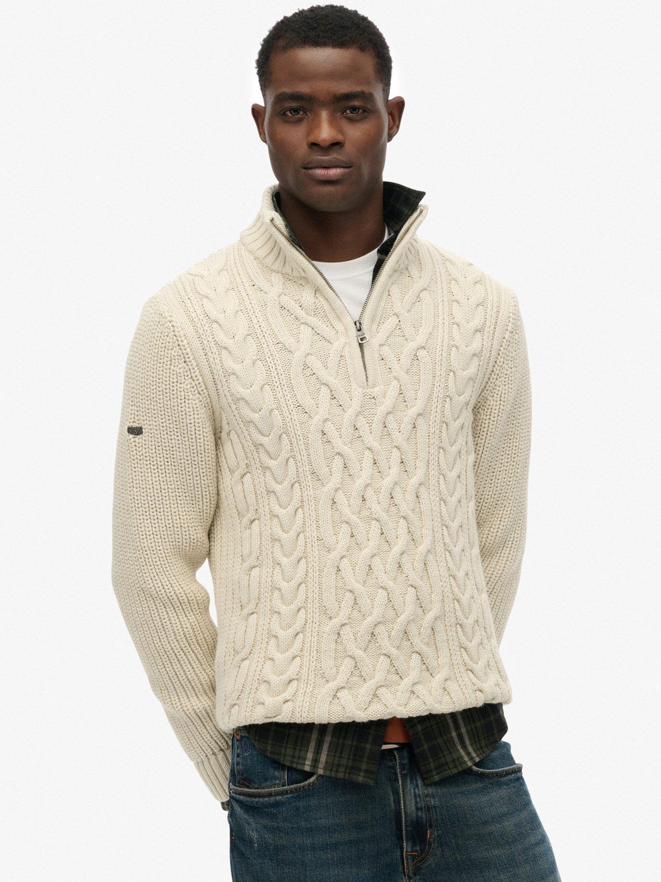 Image 1 of 5 of Superdry Jacob Cable Half Zip Knitted Jumper - Beige