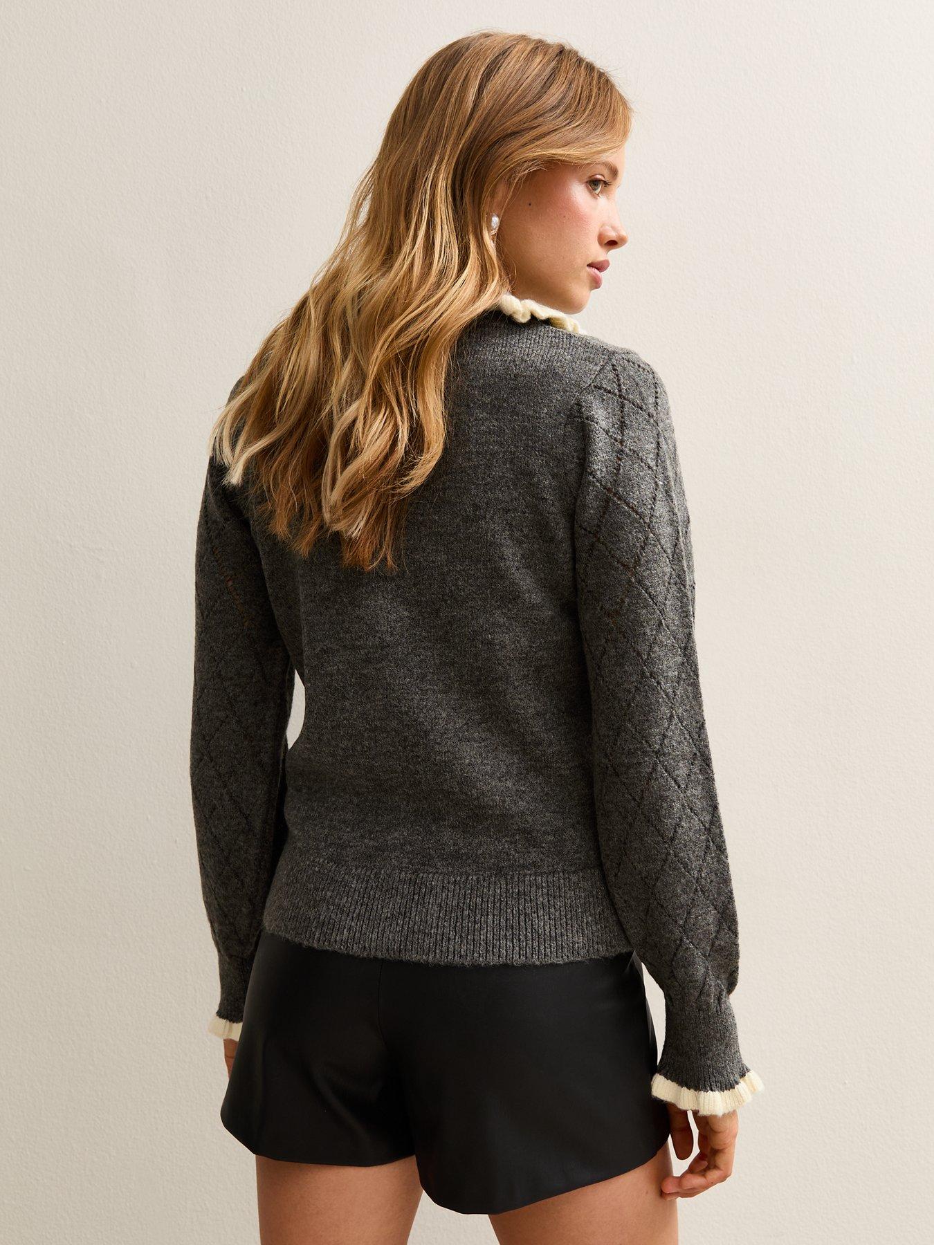 Image 2 of 6 of New Look Grey Argyle Print Knit Frill Collar Cardigan