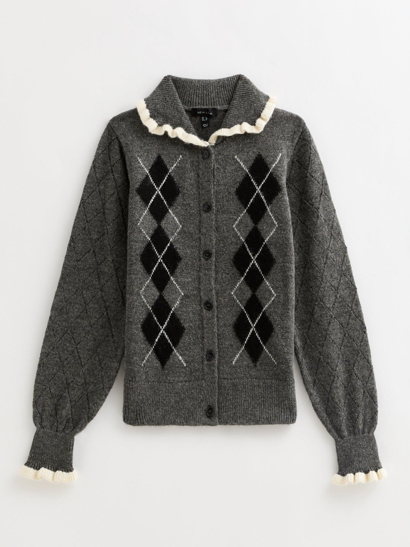 Image 6 of 6 of New Look Grey Argyle Print Knit Frill Collar Cardigan