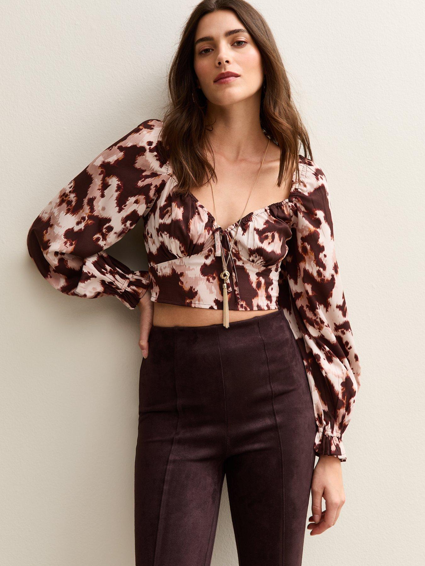 new-look-brown-cow-print-long-sleeve-milkmaid-top