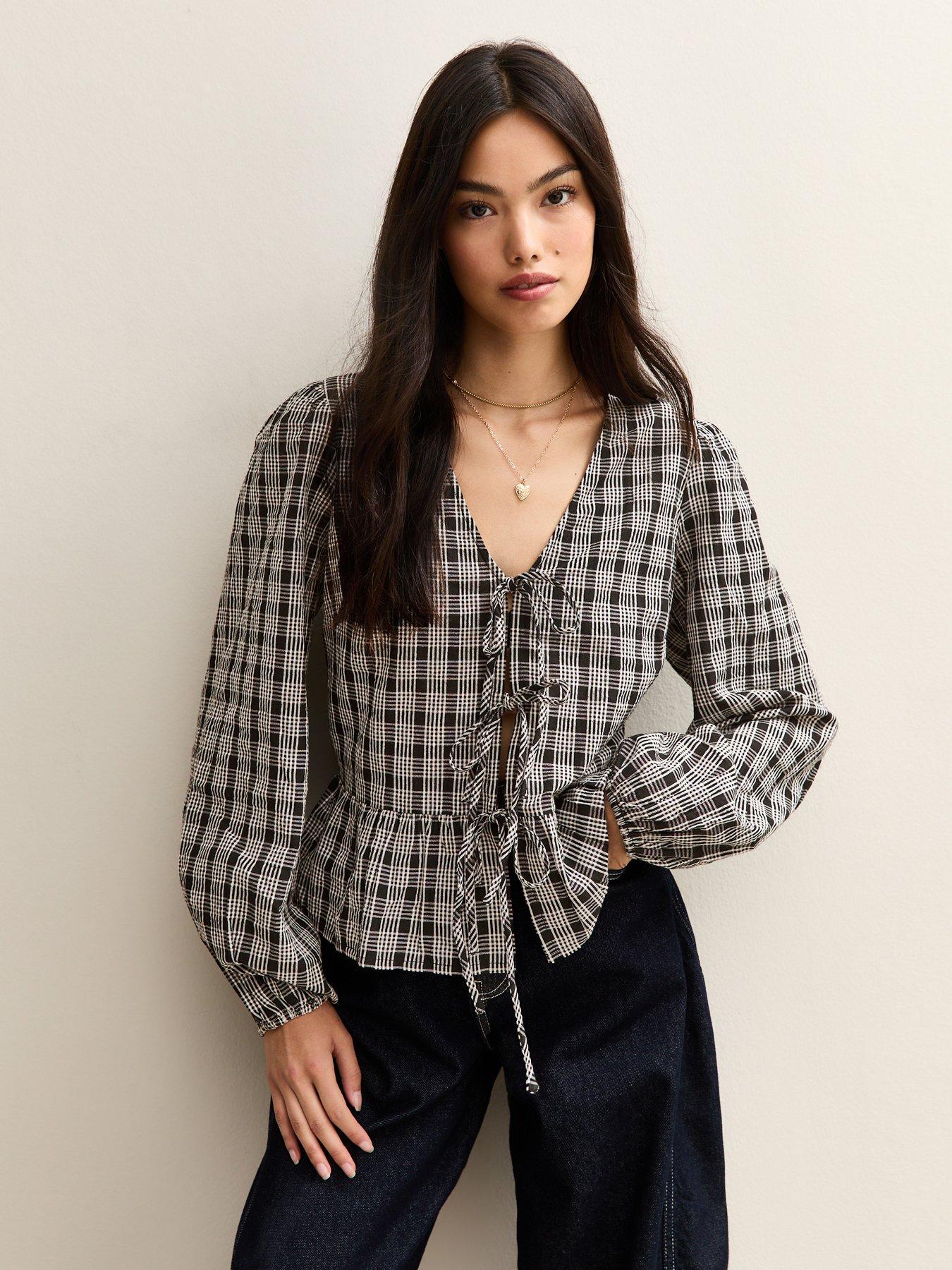 New Look Check Tie Front Blouse - Print