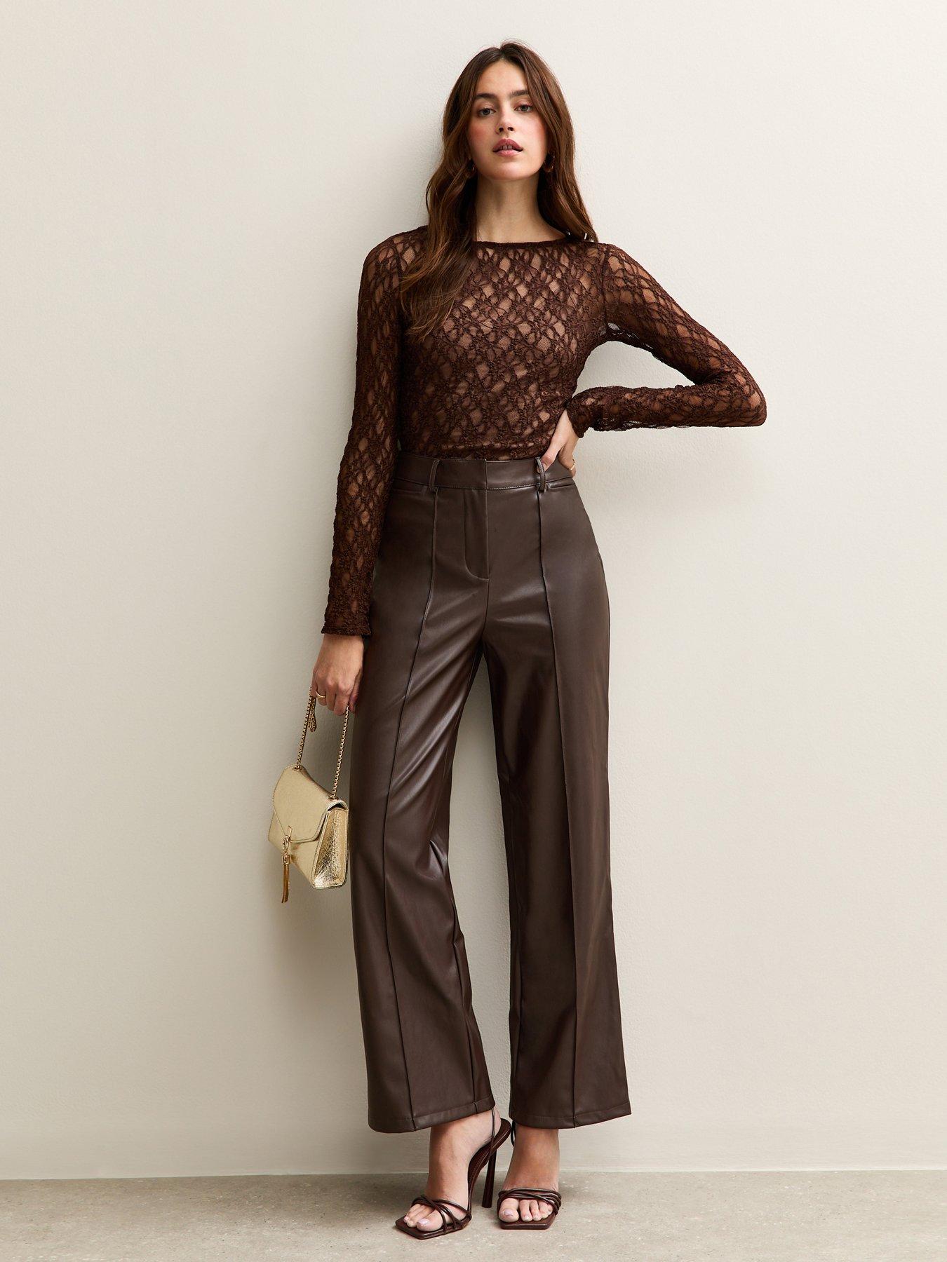 New Look Dark Brown Faux Leather Wide Leg Trousers