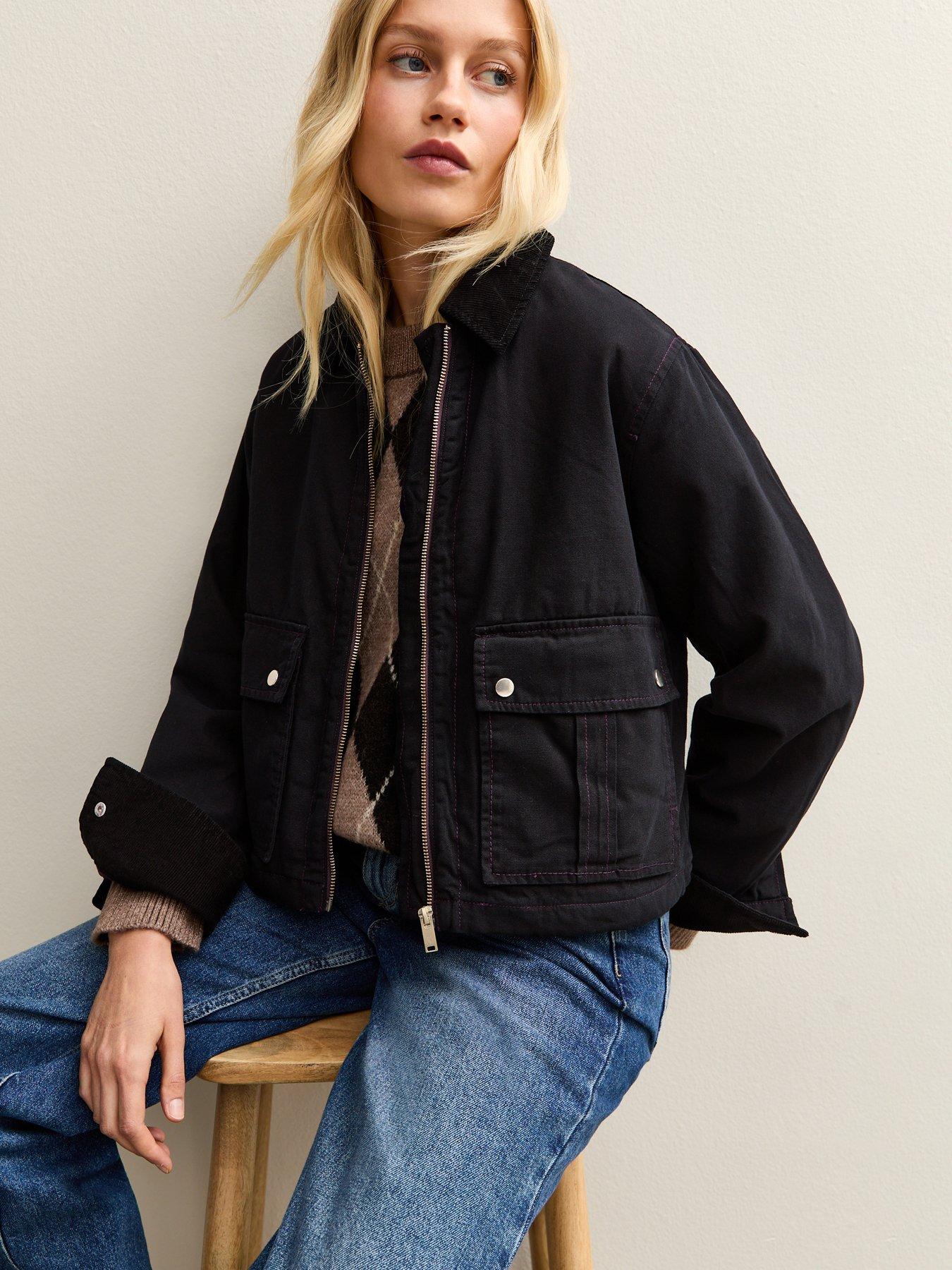 New Look Contrast Collar Cropped Barn Jacket - Black