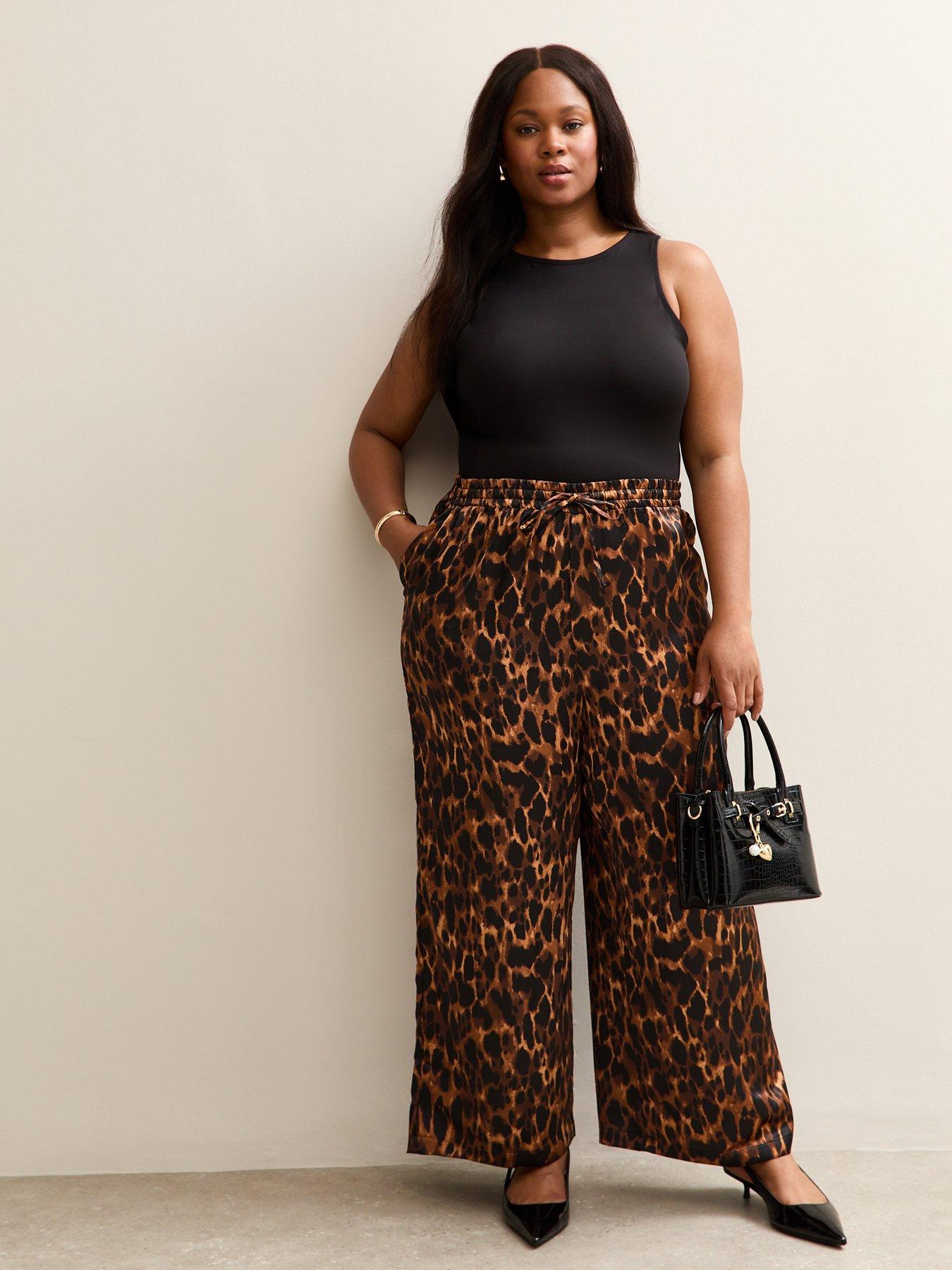 Image 1 of 5 of New Look Curves Leopard Print Satin Wide Leg Trousers - Brown
