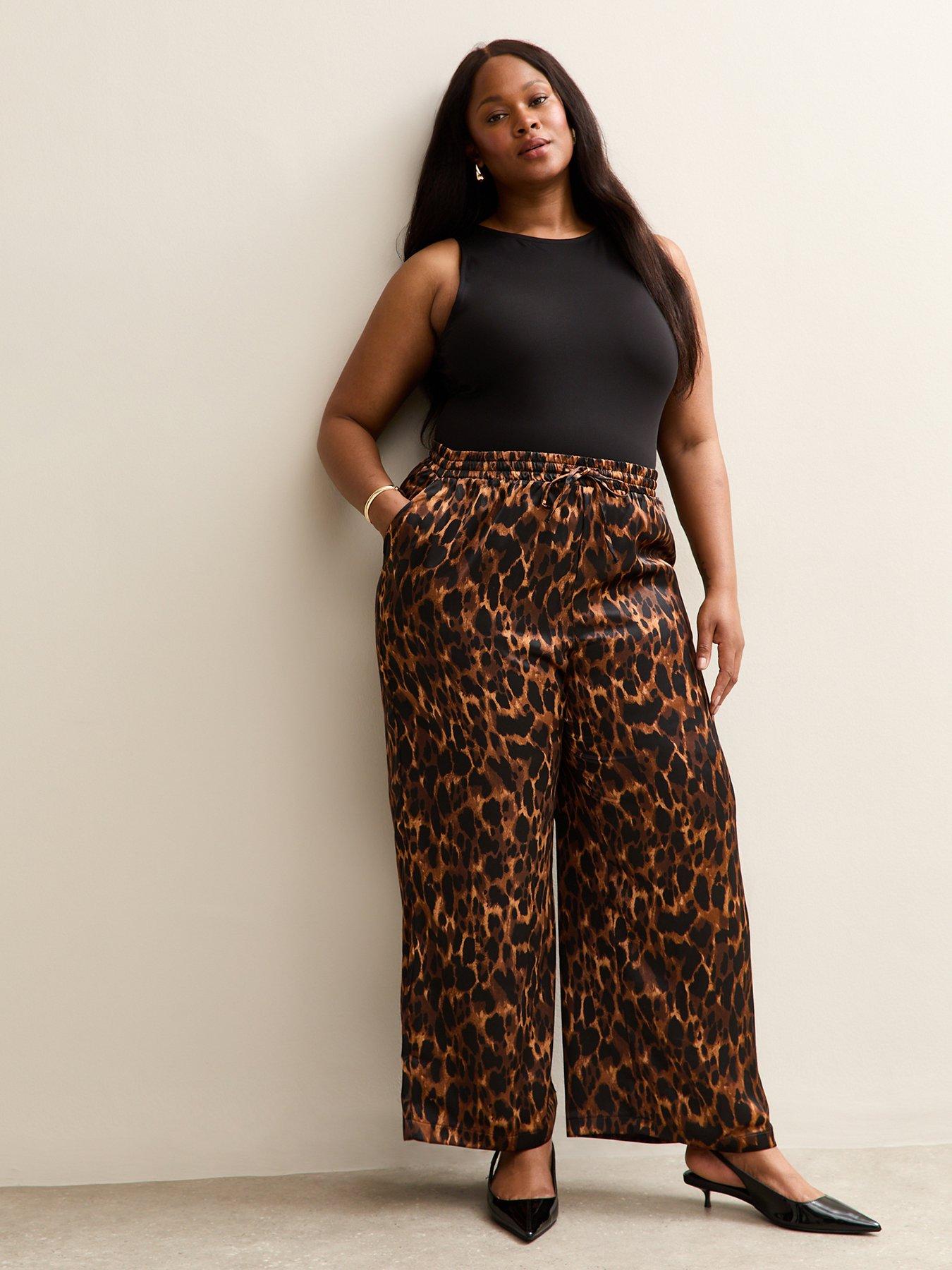 Image 3 of 5 of New Look Curves Leopard Print Satin Wide Leg Trousers - Brown