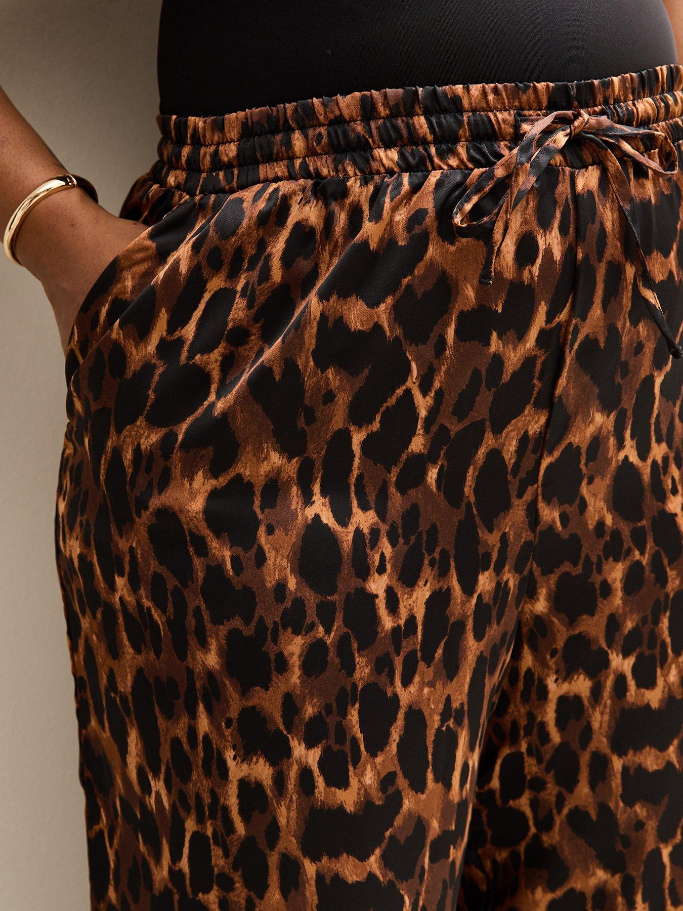 Image 4 of 5 of New Look Curves Leopard Print Satin Wide Leg Trousers - Brown