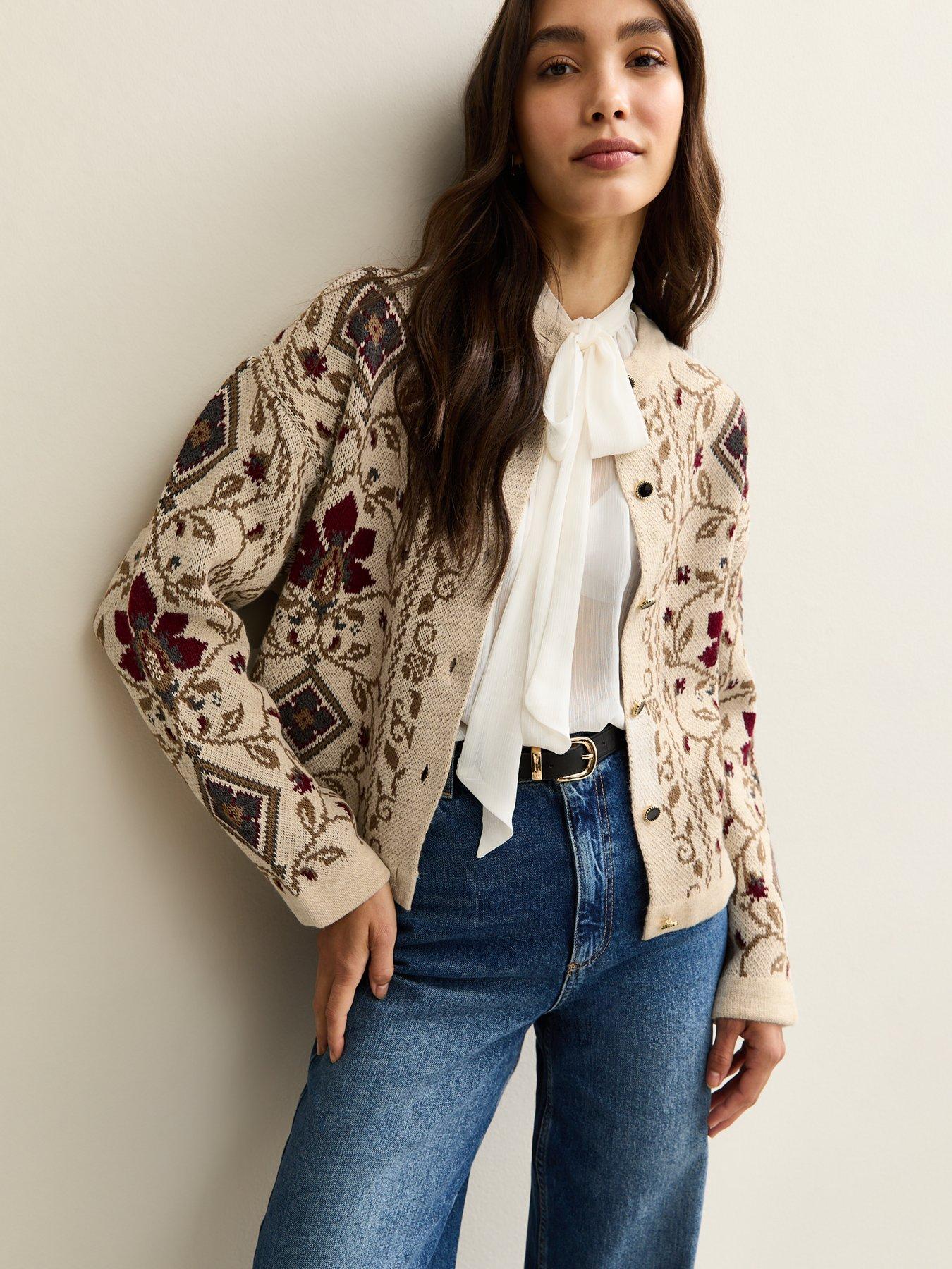 Image 1 of 6 of New Look Cream Tapestry Design Cardigan