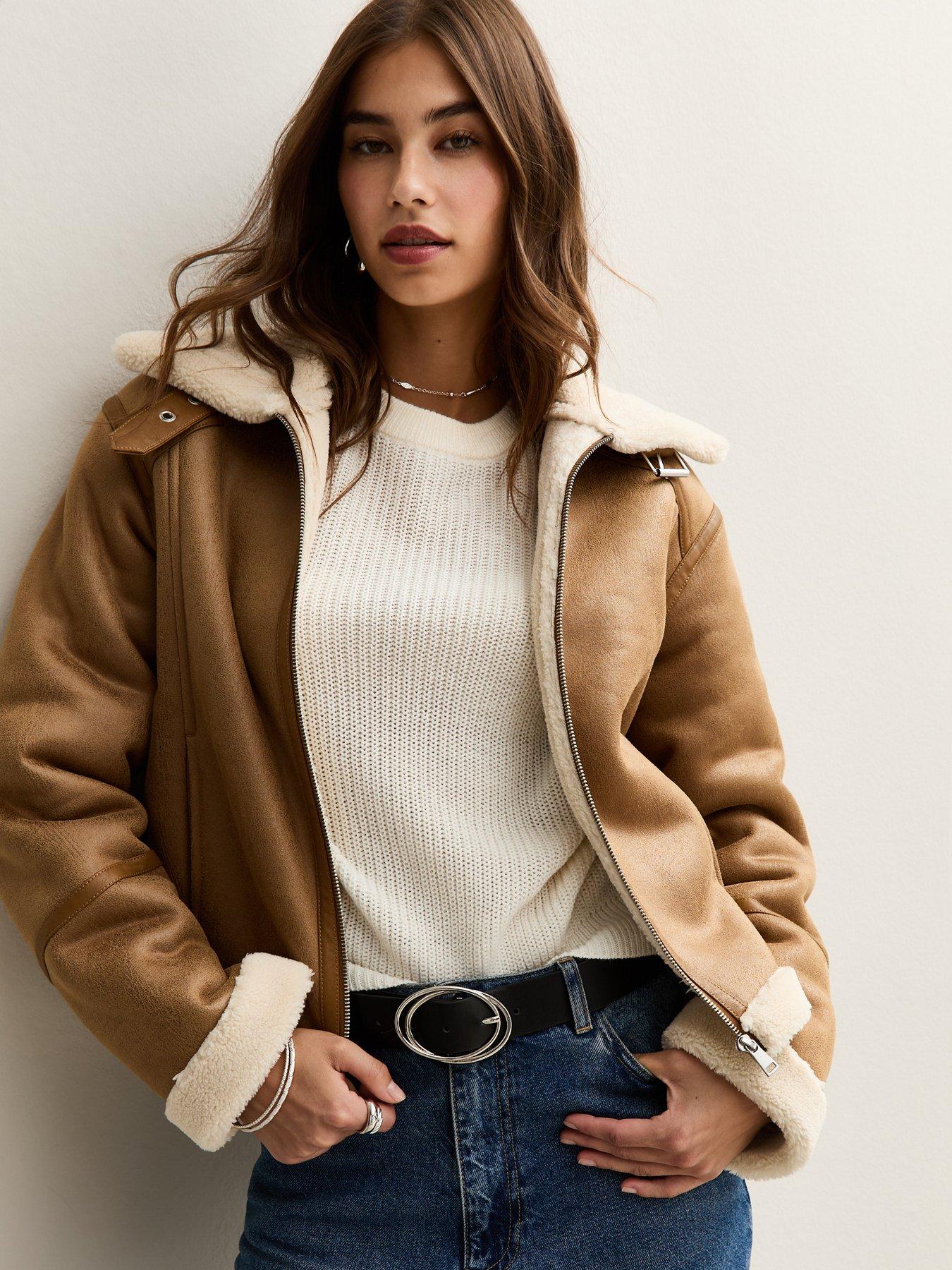 New Look Faux Suede Cropped Aviator Jacket - Brown