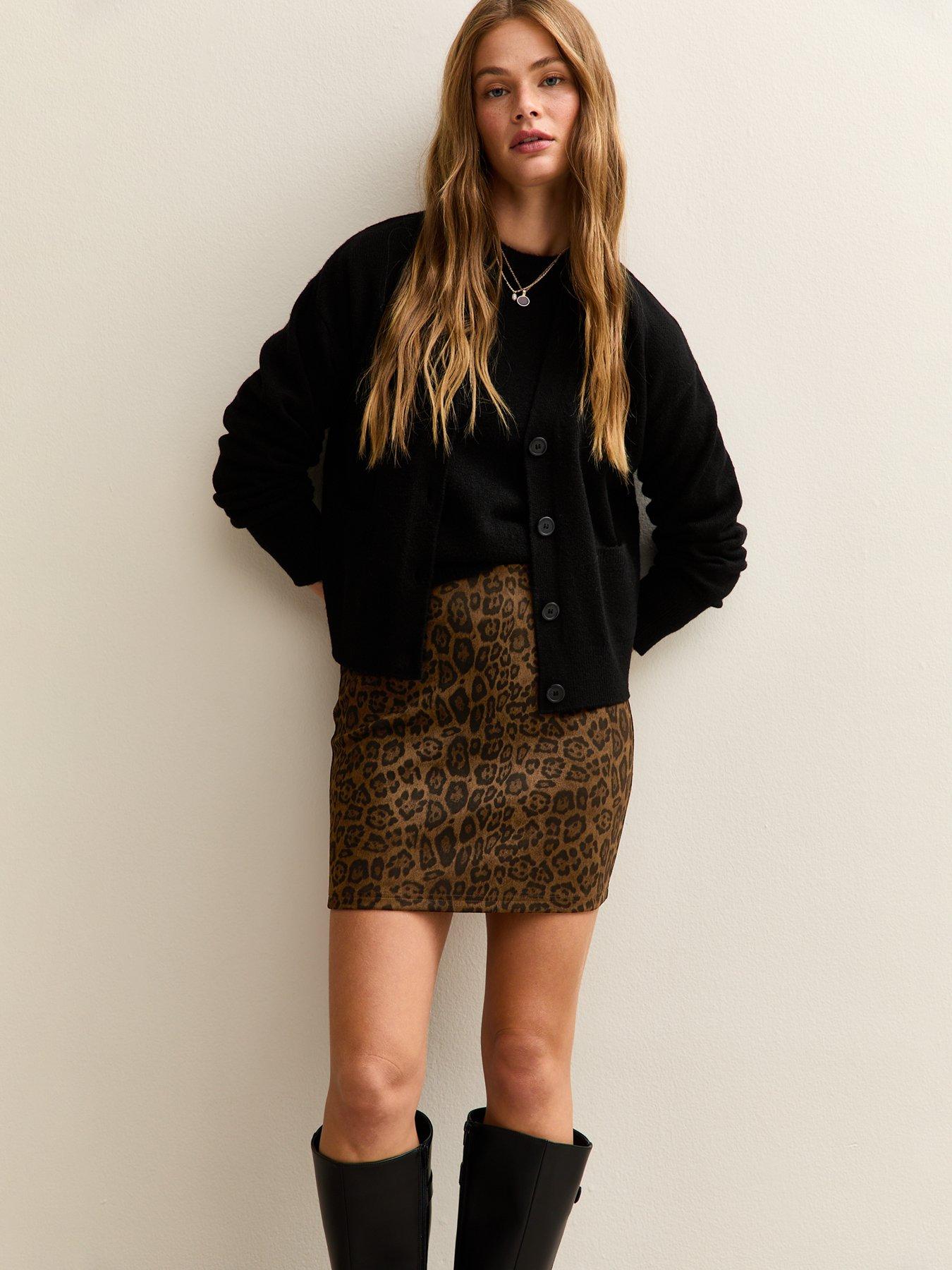 New Look Leopard Print Faux Suede Mini Skirt - Brown