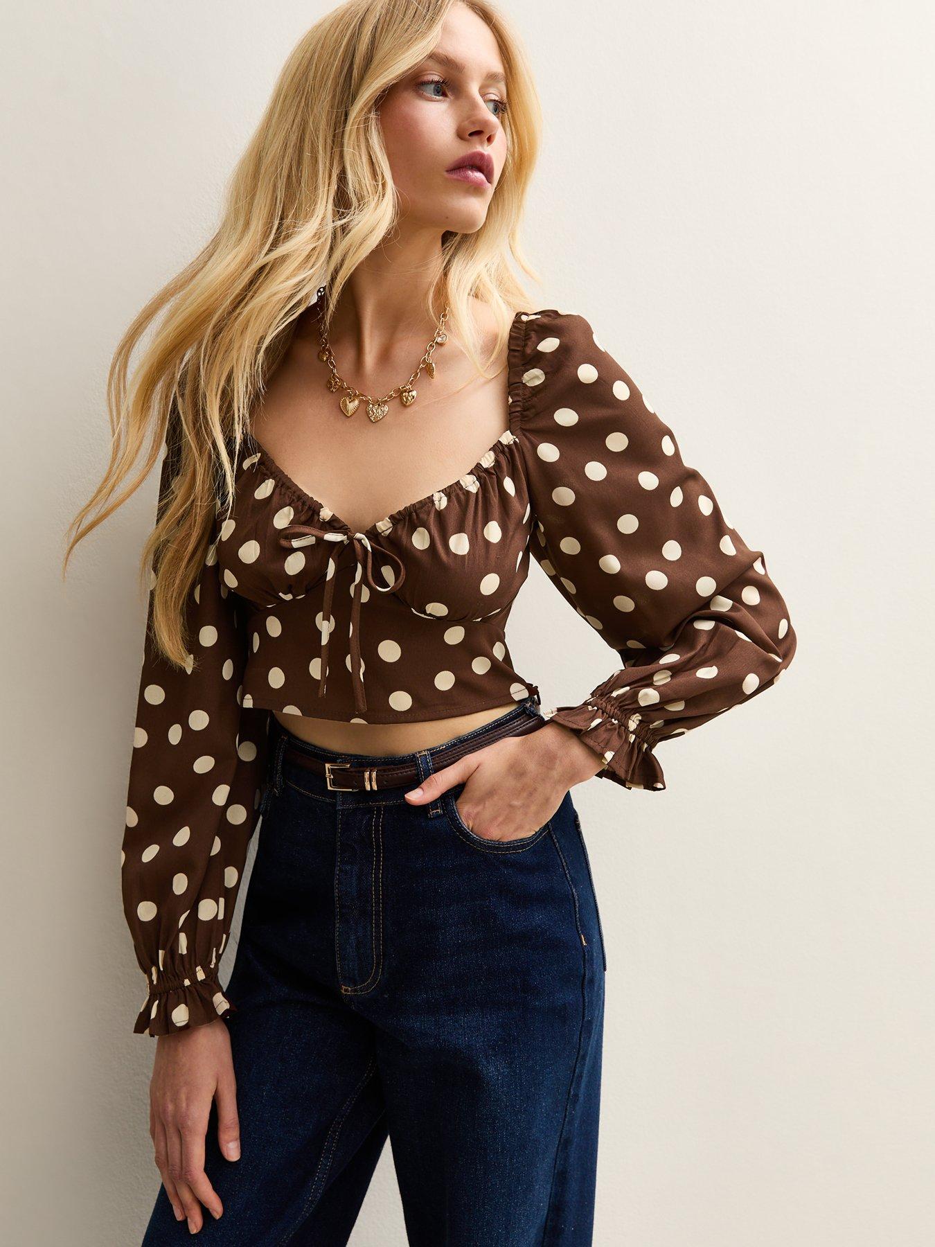 new-look-brown-polka-dot-long-sleeve-milkmaid-top