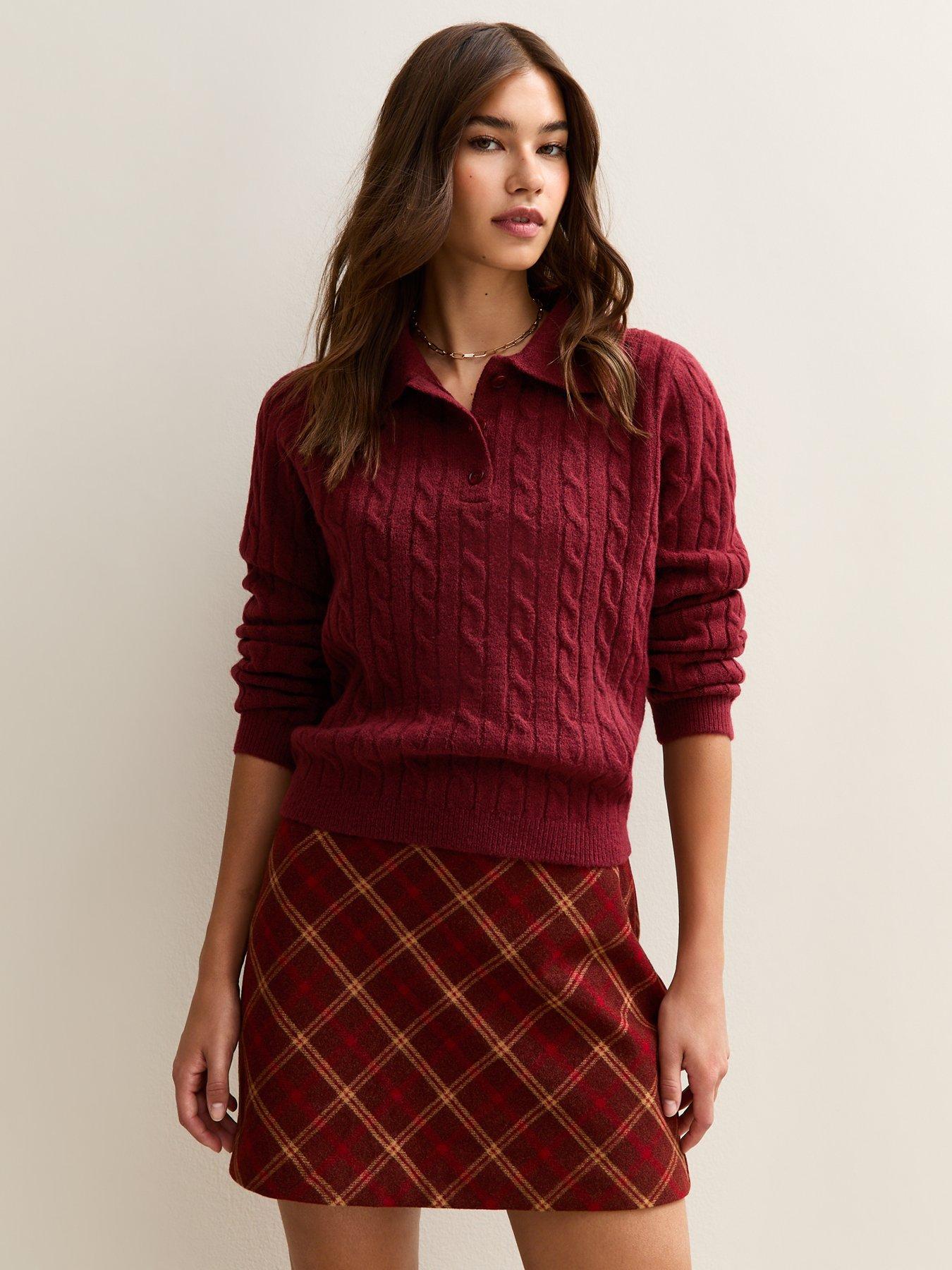 New Look Cable Knit Button Polo Jumper - Burgundy