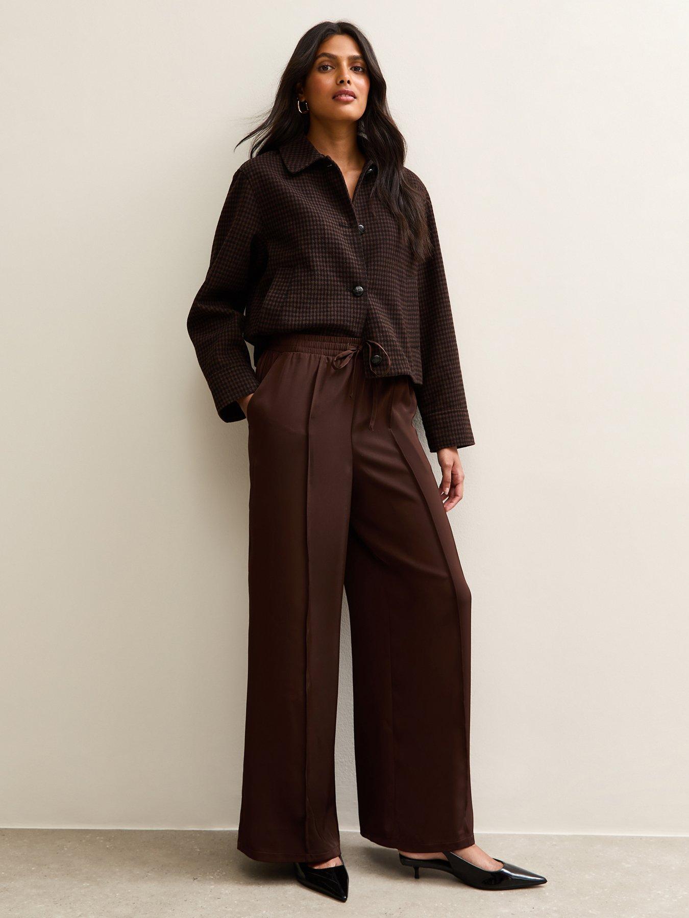 New Look Satin Drawstring Waist Wide Leg Trousers - Brown