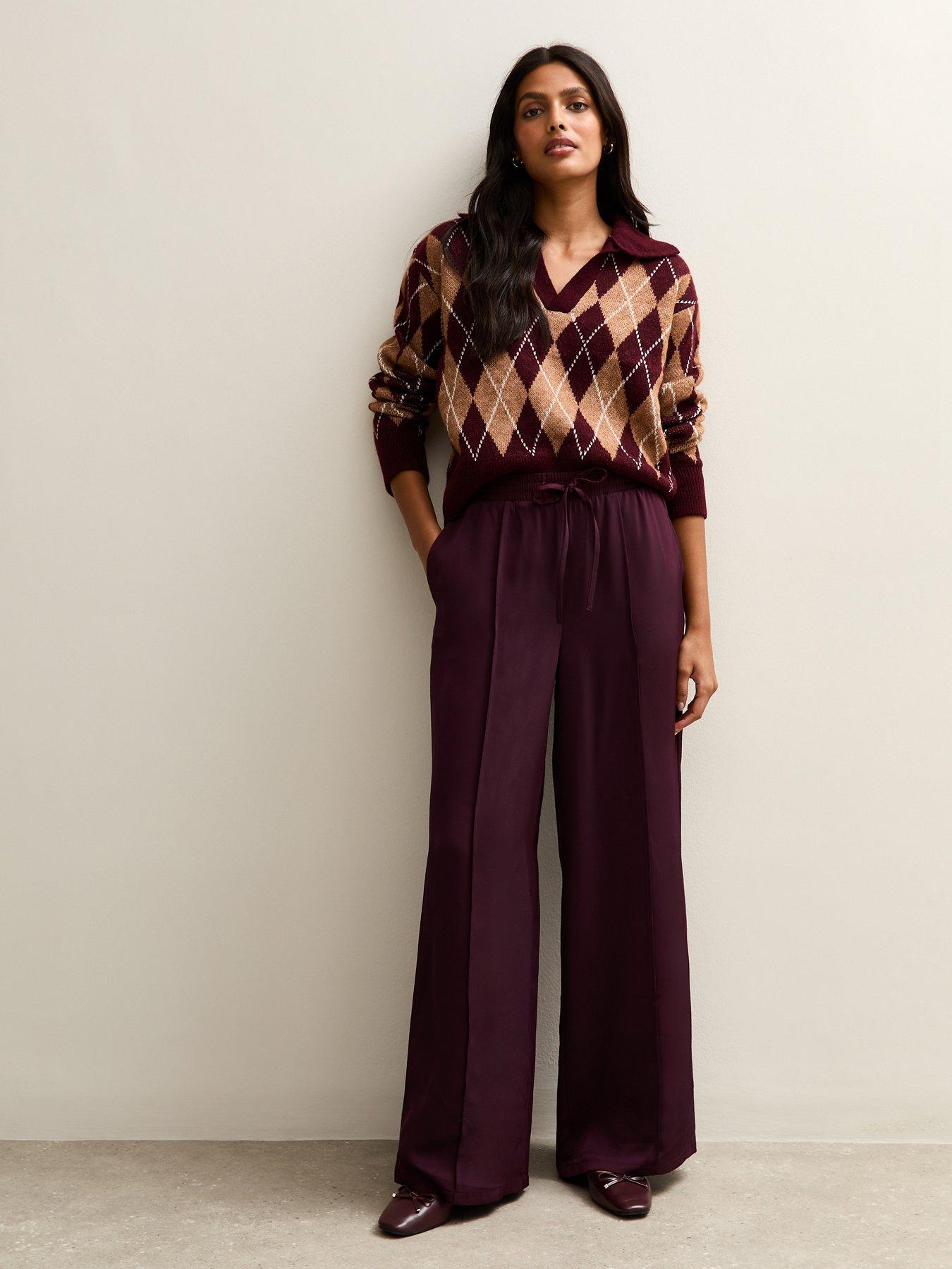 New Look Satin Drawstring Waist Wide Leg Trousers - Burgundy