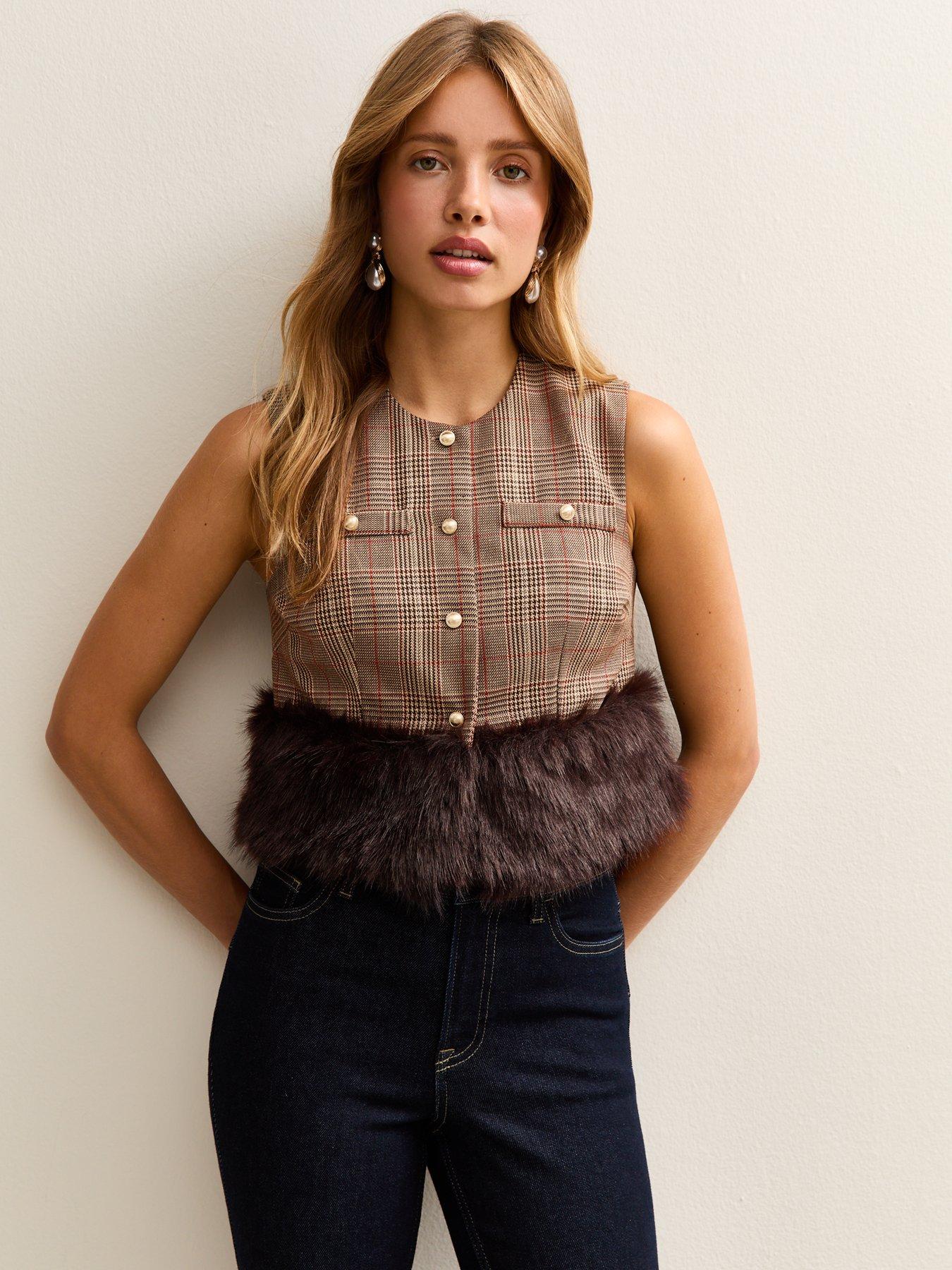 New Look Brown Check Faux Fur Trim Waistcoat