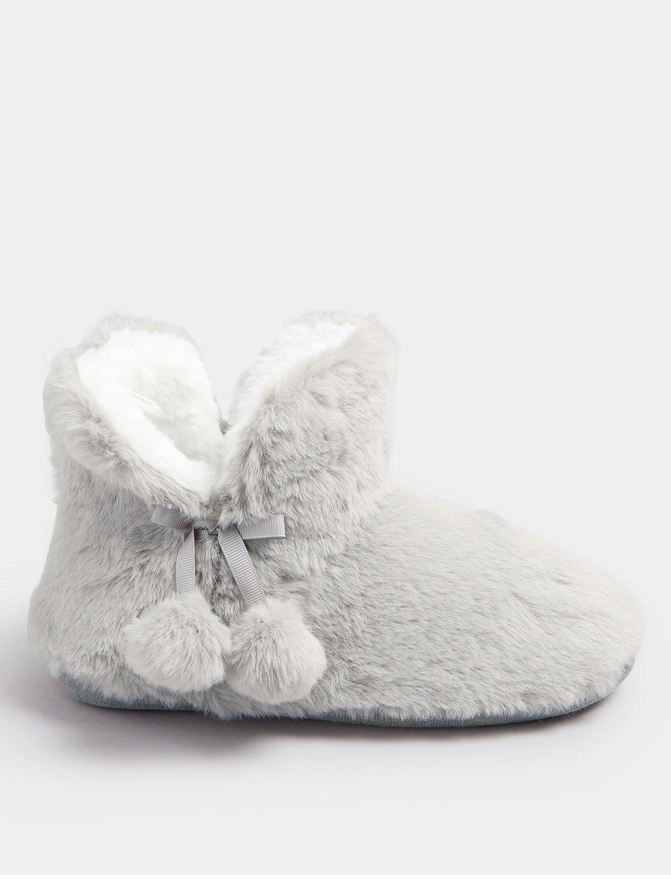 Yours Curve Pom Pom Faux Fur Slipper Boot - Grey