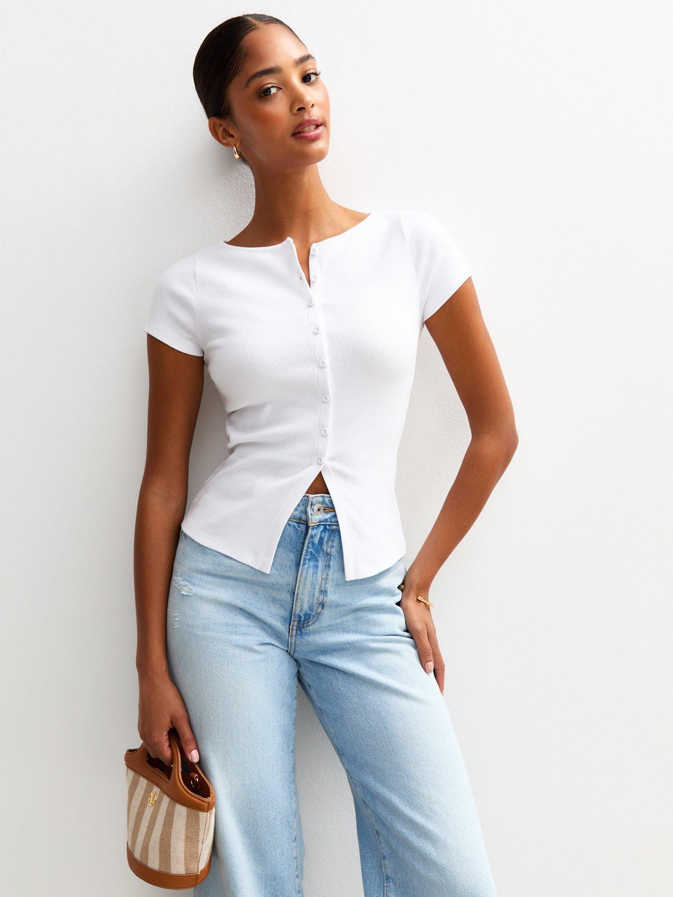 New Look White Ribbed Button Up Baby Tee