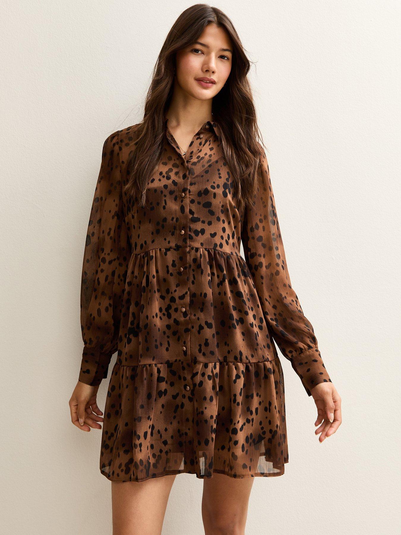 New Look Leopard Print Tiered Chiffon Mini Dress - Brown