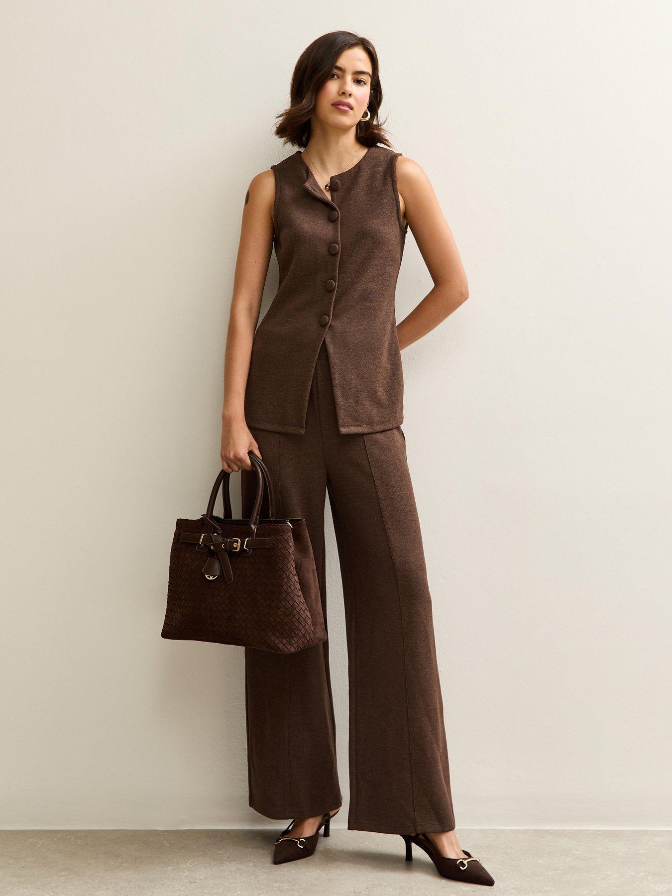 new-look-soft-touch-compact-wide-leg-trouser-brownfront